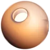 Copper sphere with circular opening, glossy finish, suspended against olive-green; minimalist modern design with internal diffused light.